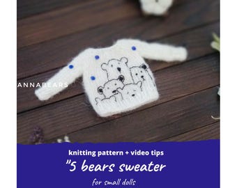 Trui met 5 beren BREIPATROON voor kleine pop / trui voor Pullip, Obitsu 22-24, Holala, Qbaby, Mini Waldorf-pop gebreide kledingpatroon pdf