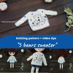 Blythe doll 5 bears sweater KNITTING PATTERN / Jumper for Pullip, Obitsu 22-24, Holala, Qbaby, Mini Waldorf doll knit clothes pattern pdf