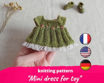 Mini dress for toy KNITTING PATTERN / Tiny teddy knit clothes pdf for Waldorf, 1/6 scale doll knit jumper, Mini tilda textile doll sweater