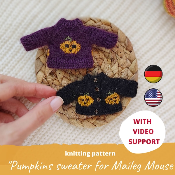 Pumpkins sweater for Maileg mouse KNITTING PATTERN on Halloween / How to knit cardigan for Big Sister mice, Clothes for dollhouse miniature