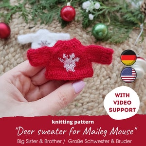 Tiny Christmas deer sweater for Maileg mouse KNITTING PATTERN for Big Sister, Reindeer jumper for Big Brother Mice, Dollhouse mini clothes