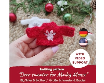 Christmas Deer Sweater Knitting Pattern for Maileg Mouse, Miniature Doll Clothes for Big Sister and Big Brother Mice, Reindeer Jumper PDF