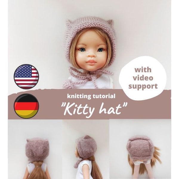 Kitty hat for Paola Reina doll KNITTING PATTERN / Cat helmet Ruby Red Siblies clothes, Teddy bear knit bonnet, Little darling angora beanie