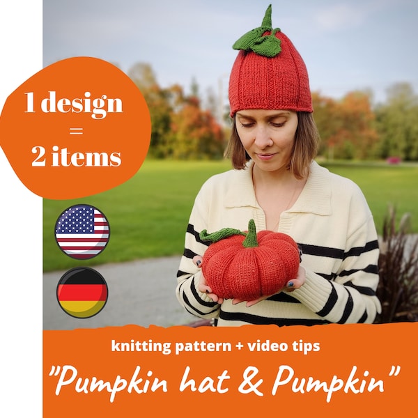 Easy-to-do Pumpkin hat for sweet Halloween KNITTING PATTERN / Pumpkin decor for home on Thanksgiving day, Kurbis Mutze Stricken, Kids beanie