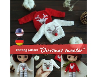 Christmas mini sweater for Blythe doll KNIT PATTERN, Tiny knit reindeer jumper for Pullip, Holala, Clothes for Obitsu22, Licca outfit