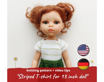 Striped t-shirt for Paola Reina 32 cm doll KNIT PATTERN / Top for Boneka doll, Ruby Red Siblies clothes pattern, Little Darling blouse pdf