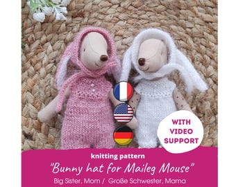 Bunny Hat Knitting Pattern for Maileg Mouse, Easter Rabbit Helmet for Big Sister Mom Mouse, Miniature Doll Clothes Pattern