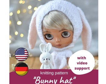 Bunny hat for Neo and middie Blythe doll KNITTING PATTERN / Easter rabbit beanie, Animal helmet for Teddy, Waldorf, Textile, American girl