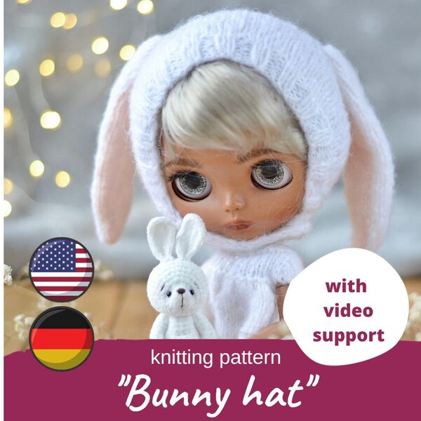 Bunny hat for Neo and middie Blythe doll KNITTING PATTERN / Easter rabbit beanie, Animal helmet for Teddy, Waldorf, Textile, American girl