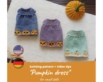 Pompoenjurk voor kleine pop op Halloween BREIPATROON / Qbabypop gebreide kleding pdf, teddybeer mini-jurk, Licca, Pullip herfstoutfit