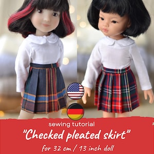 May include: Two dolls wearing white shirts and plaid skirts. The doll on the left is wearing a blue and red plaid skirt. The doll on the right is wearing a red and black plaid skirt. The dolls are 32 cm / 13 inches tall. Sewing tutorial for a checked pleated skirt.