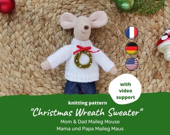 Christmas Wreath Sweater Knitting Pattern for Maileg Mouse Mother, Miniature Doll Clothes for Mom Dad Grandparents, Jumper PDF