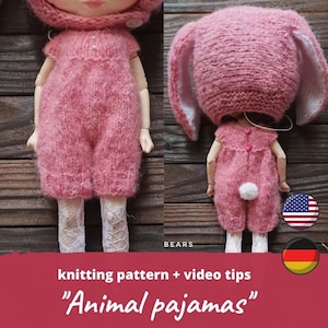 May include: Knitting pattern for a pink bunny animal pajama outfit for a doll. The pattern includes video tips and is available in English and German.