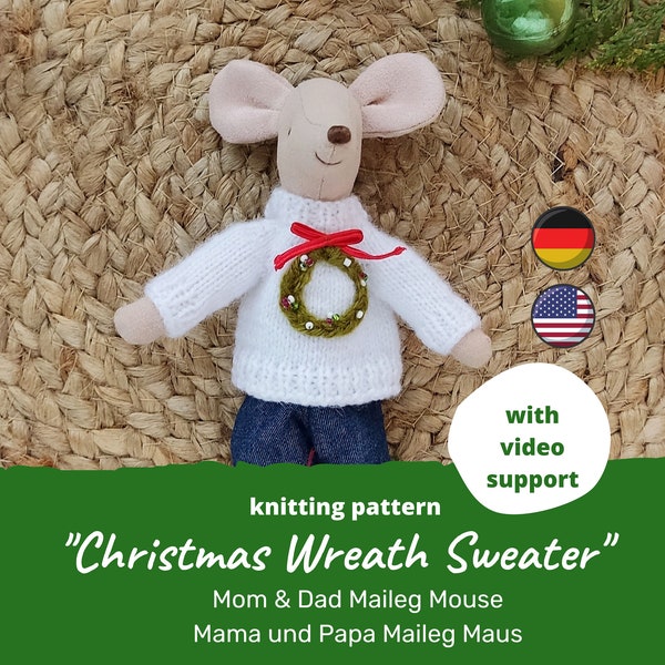 Christmas Wreath sweater for Maileg mouse Mother size KNITTING PATTERN / Jingle Bell jumper for Grandparents, maus kleidung strickanleitung
