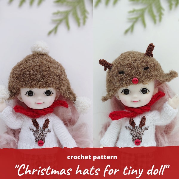 Christmas hat for tiny doll CROCHET PATTERN / Pompom beanie for Obitsu11 pdf, Lati Yellow reindeer hat, Animal helmet for miniature teddy
