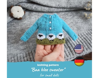 Baa-Blee sweater for small doll KNIT PATTERN on Christmas: Mini animal jumper for toys tutorial, Easter cardigan pattern for 10 inch doll