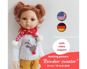 Paola Reina KNITTING PATTERN / Christmas sweater with reindeer for 32 cm 13 inch doll, Deer jumper Ruby Red clothes, Teddy bear, Boneka doll