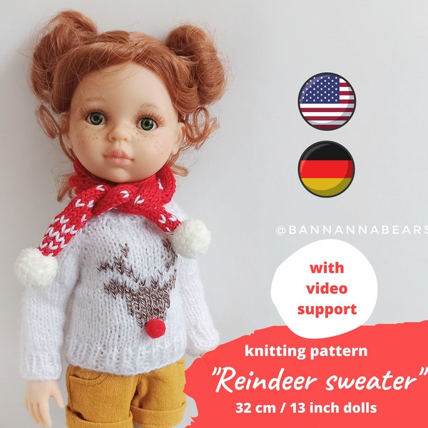 Paola Reina KNITTING PATTERN / Christmas sweater with reindeer for 32 cm 13 inch doll, Deer jumper Ruby Red clothes, Teddy bear, Boneka doll