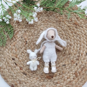 May include: Two white knitted stuffed animals, a bunny and a rabbit, on a woven jute rug. The rabbit has a white hood and a brown nose.