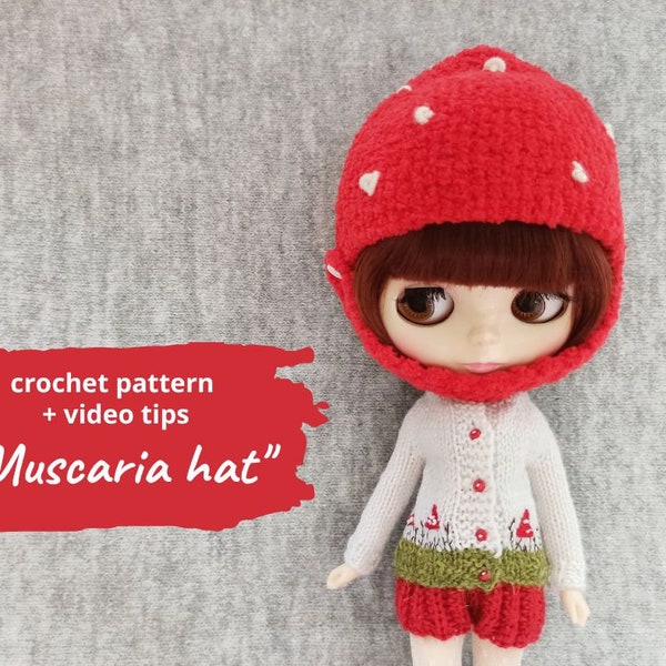 Blythe doll CROCHET HAT PATTERN on Halloween, Fly agaric mushroom helmet for textille doll, teddy bear clothes pdf, waldorf doll outfit