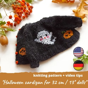 Halloween sweater KNITTING PATTERN for Paola Reina doll / Double sided ghost cardigan for 32 cm 13 in Ruby Red Siblies doll, Teddy clothes