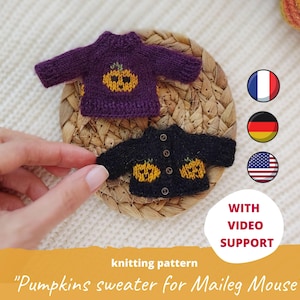 Pumpkins sweater for Maileg mouse KNITTING PATTERN on Halloween / How to knit cardigan for Big Sister mice, Clothes for dollhouse miniature