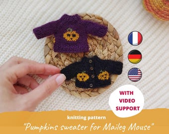 Pumpkin Sweater KNITTING PATTERN for Maileg Mouse, Halloween Cardigan for Big Sister & Big Brother, Miniature Doll Clothes PDF