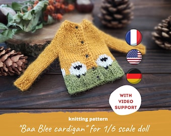 Sheeps cardigan KNITTING PATTERN for 1/6 scale doll,  Miniature Easter baa blee sweater knitwear for 11 inch doll clothes / German, French
