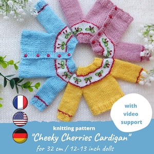 Cardigan Cheeky Cherry - PADRÃO DE TRICÔ para bonecas de 11-13 polegadas / Suéter em PDF para Paola Reina, roupas de boneca Ruby Red Siblies, roupa Minouche