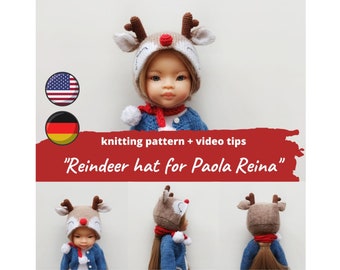 Reindeer hat for Paola Reina clothes KNIT PATTERN / 32 cm doll outfit, Little Darling pdf, Waldorf doll, Ruby Red Siblies Christmas helmet