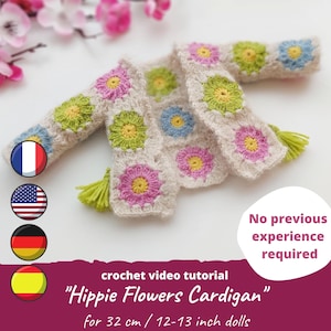 Granny Square Cardigan for Paola Reina doll CROCHET PATTERN / Hippie Flowers Sweater for Ruby Red Siblies, Clothes for Little Darling pdf