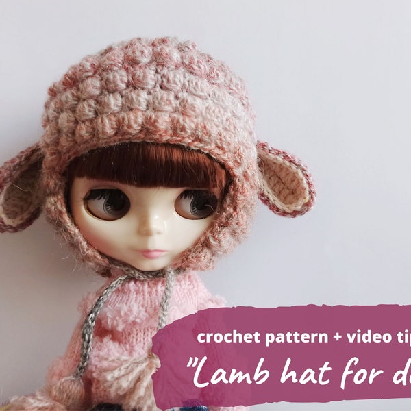Crochet lamb beanie PATTERN for Blythe doll sheep hat pdf, Blythe Easter clothes pattern, Animal helmet for teddy bear, baby doll outfit
