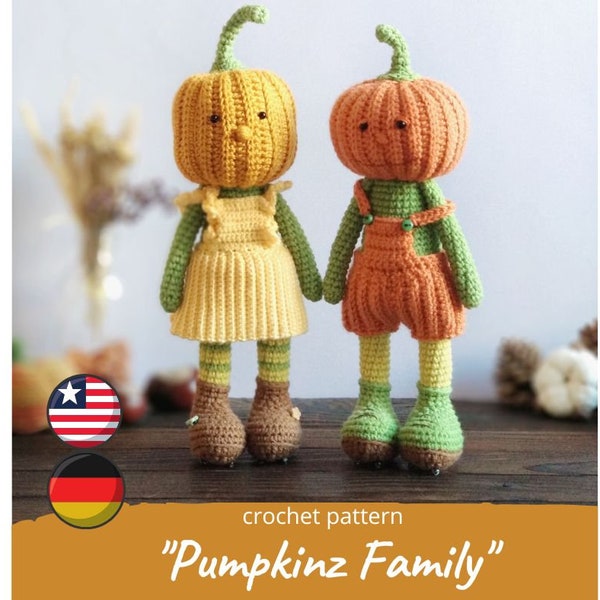 MOTIF DE CROCHET de la famille Pumpkinz pour Halloween, jouet citrouille Amigurumi, poupée de décoration citrouille pour Thanksgiving automne, jumeaux automne fille garçon pdf