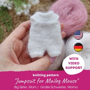 Miniature jumpsuit for Maileg mouse KNITTING PATTERN / Bunny clothes for Big Sister, Mom, teddy bear kleidung, mice knitting PDF image 1