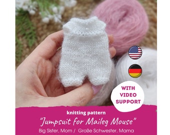 Miniature jumpsuit for Maileg mouse KNITTING PATTERN / Bunny clothes for Big Sister, Mom, teddy bear kleidung, mice knitting PDF