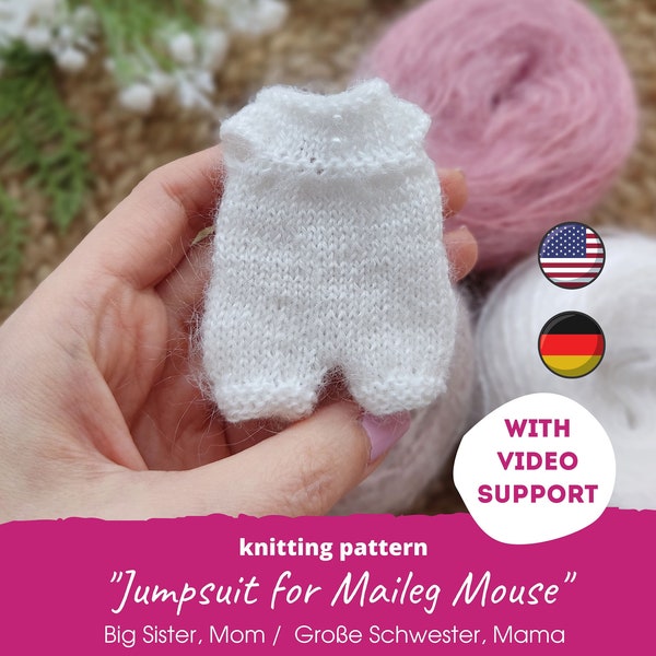 Miniature jumpsuit for Maileg mouse KNITTING PATTERN / Bunny clothes for Big Sister, Mom, teddy bear kleidung, mice knitting PDF