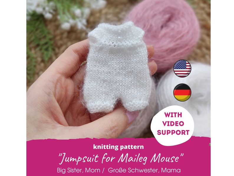 Miniature jumpsuit for Maileg mouse KNITTING PATTERN / Bunny clothes for Big Sister, Mom, teddy bear kleidung, mice knitting PDF image 1