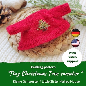Christmas Tree Sweater for Little Sister or Brother Maileg mouse KNITTING PATTERN / Miniature cardigan for tiny toys and doll clothes