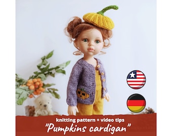 Paola Reina KNITTING PATTERN on Halloween / Pumpkin cardigan for 32 cm 13 in doll, Sweater for Ruby Red Siblies, Little Darling clothes pdf