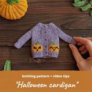 May include: A lavender knitted cardigan with two orange jack-o'-lanterns on the front. The cardigan has small buttons and long sleeves. A knitted pumpkin is in the background. The text on the image says "Halloween cardigan".