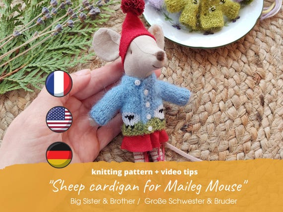 Maileg Mouse Sheep Cardigan Knitting Pattern, Easter Baa-blee Sweater for Big Sister & Big Brother Mouse, Miniature Doll Clothes PDF