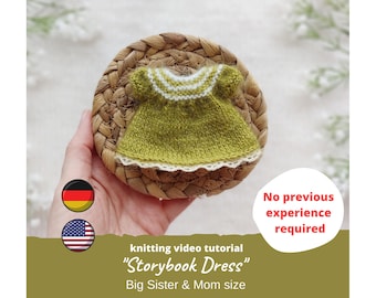 Beginner Knitting Pattern for Maileg Mouse Storybook Dress Video PDF, Miniature Doll Dress Tutorial, Big Sister & Mom, No Experience Needed