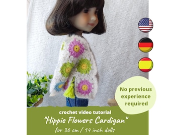 PDF Crochet Pattern - Granny Square Cardigan Hippie Flowers Jacket for Ruby Red Fashion Friends dolls (36 cm / 14–15 inch)