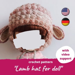 Puede incluir: Patrón de crochet para un gorro de cordero rosa y blanco para una muñeca, con soporte de video en inglés y alemán.