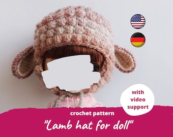 Crochet lamb beanie PATTERN for 10 inch doll sheep hat pdf, Qbaby Easter clothes pattern, Animal helmet for teddy bear, baby doll outfit
