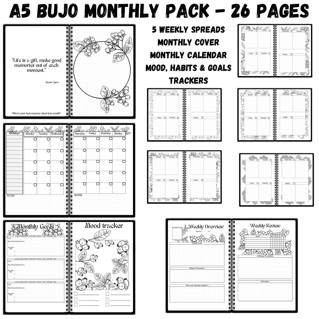 Printable Bullett Journal Printable Monthly Calendar Goal Spread Bujo ...