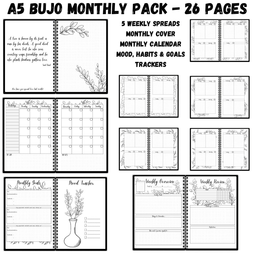 Printable Bullett Journal Printable Monthly Calendar Goal Spread Bujo ...