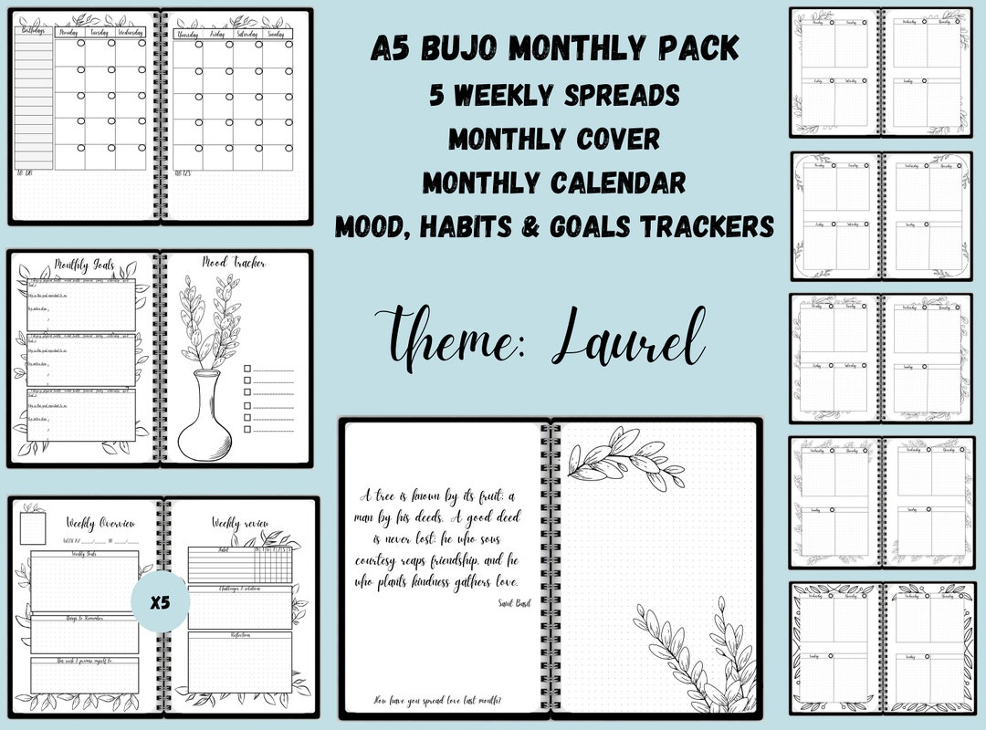 A5 Printable Planner Bujo Pages 5 Weekly Spreads Premade Bullett