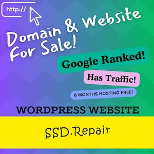 以下が含まれることがあります： 黄色と緑のグラフィックで、「http:// ドメインとウェブサイト販売中！Googleランキング！トラフィックあり！6か月間無料ホスティング！WordPressウェブサイト SSD.Repair」というテキストが表示されています