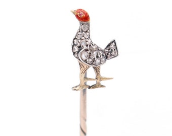 Antique Victorian Gold, Rose Cut Diamond, and Enamel Pheasant Stickpin